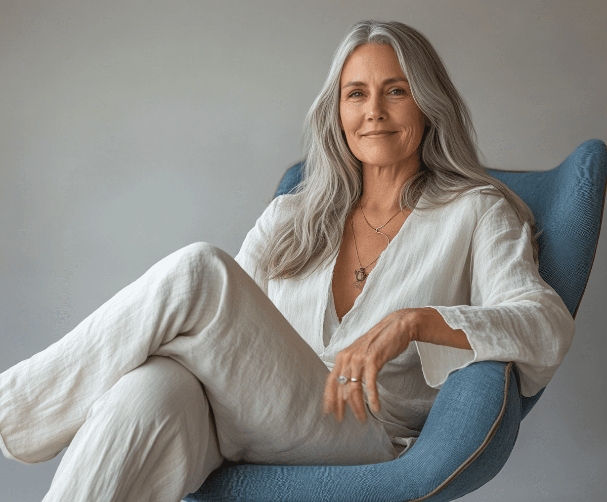 A woman in her 40s sitting on a sleek monotone